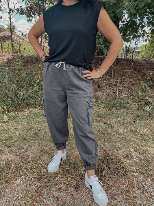 Ash - Washed Denim Cargo Joggers