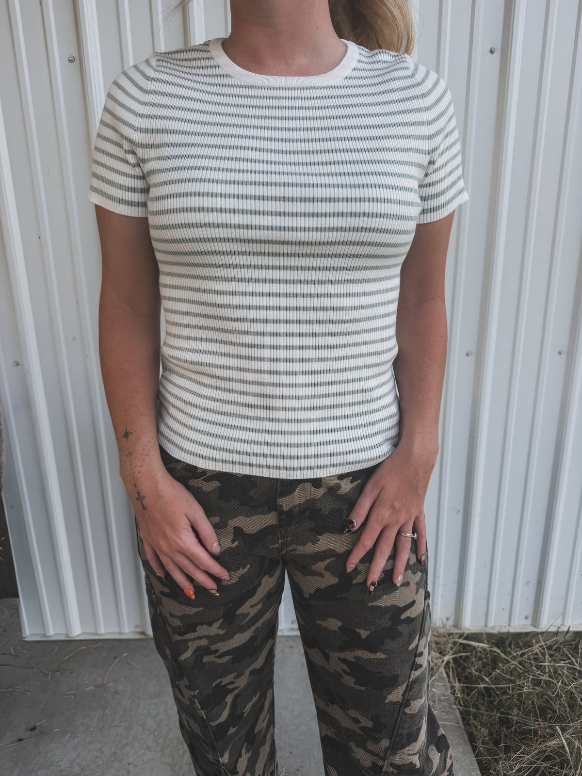 Sage Striped Ribbed Top