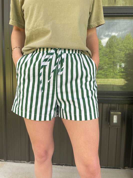 Green Striped Drawstring Shorts
