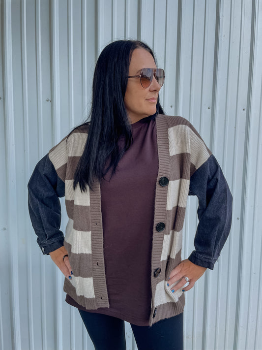 Denim Sleeve Striped Cardigan