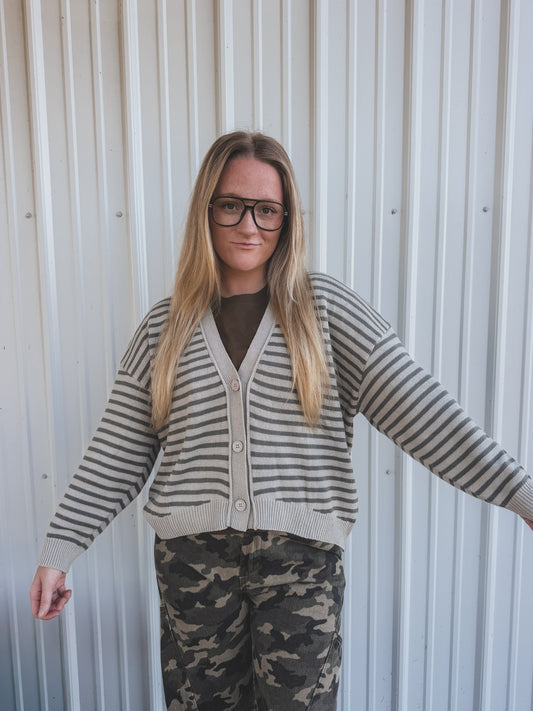 Gray Striped Knit Cardigan