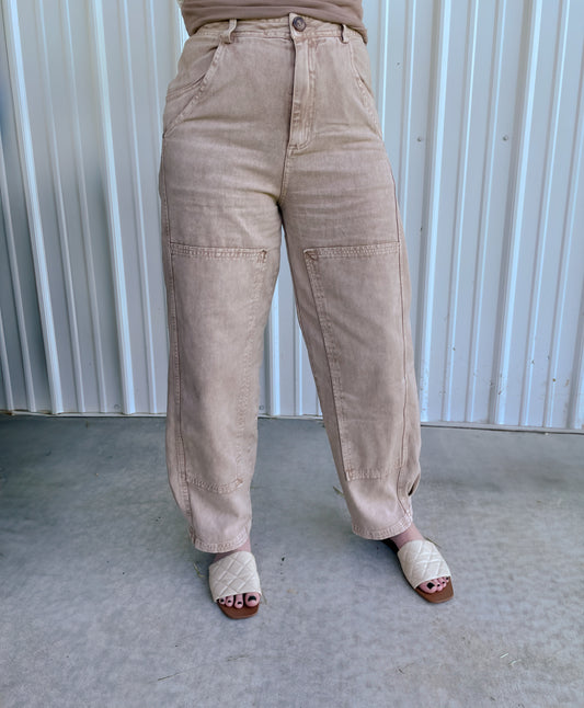 Mineral Washed Barrel-Shape Pants