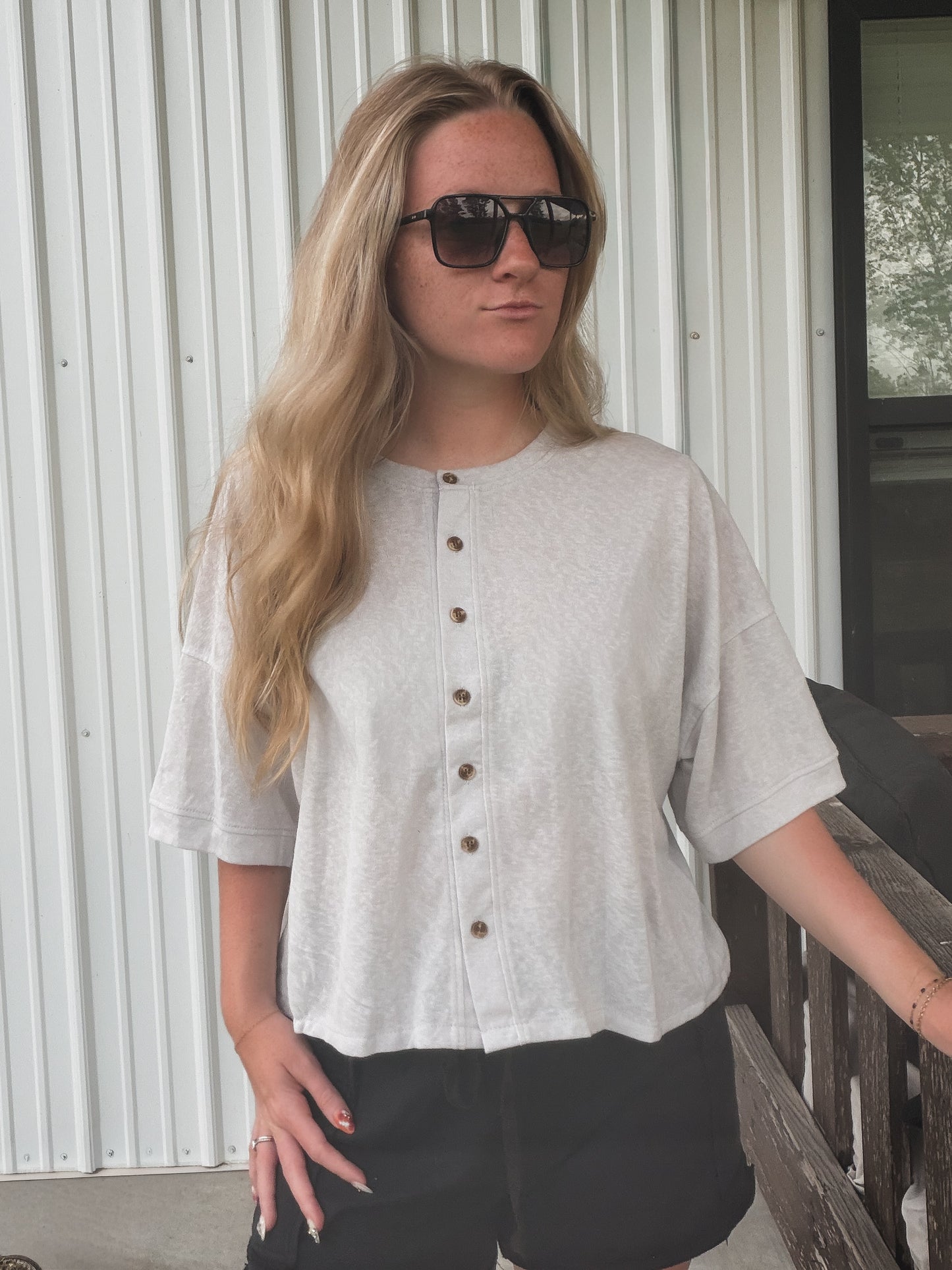 Gray Boxy Button Down Top