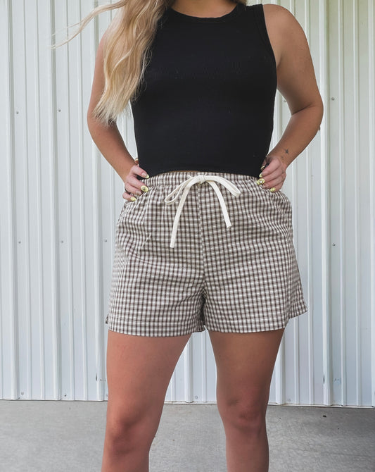 Brown Plaid Linen Shorts