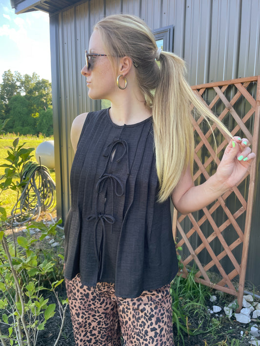 Black Solid Tie-Front Top
