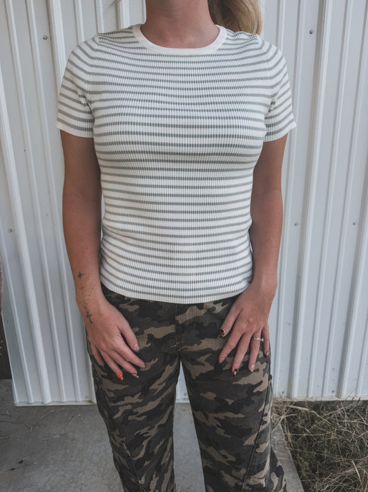 Sage Striped Ribbed Top
