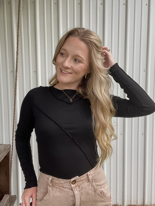 Asymmetrical Raw Edge Black Top